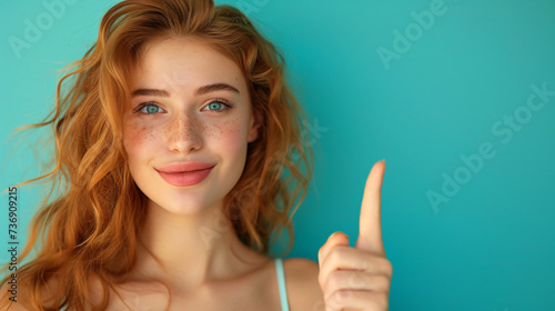 Woman pointing finger on isolated solid background, indicating direction or emphasis in a professional or casual setting.
