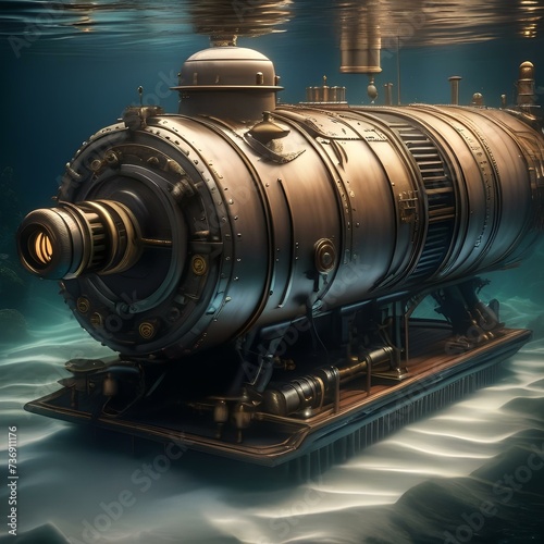 Steampunk submarine, Submersible vessel navigating the depths of the ocean with steam-powered engines4