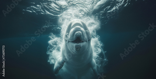 White shark swimming underwater in deep blue ocean. 3D Rendering,