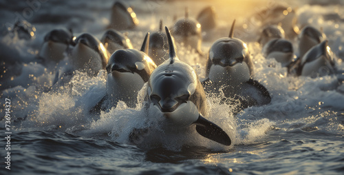 Group of killer whales swimming in the ocean. Action. Beautiful killer whales.Group of killer whales swimming in the sea. Scientific name: Chrysan Spermophilus citellus.