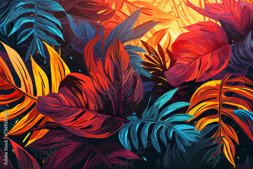 a painting of colorful leaves on a black background