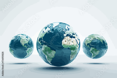 a group of three blue and green earth globes