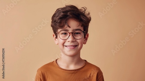 Young boy with glasses smiling wearing a brown shirt against a beige background.