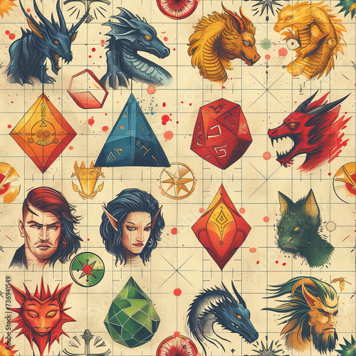 RPG board game dice and characters cartoon repeat pattern