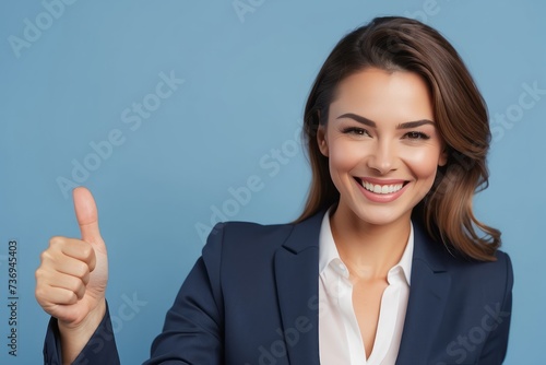 Smiling businesswoman winking and showing thumbs up at camera