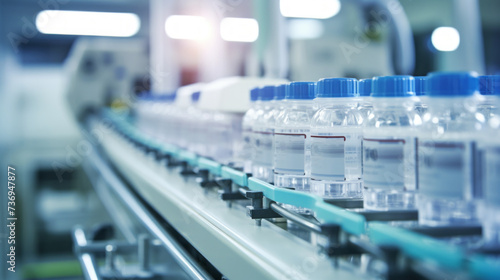 Glass vials with liquid contents are moved along a conveyor belt in a research laboratory. Mass production of vaccines and medicines in a Pharmaceutical factory. Healthcare and medicine concepts.