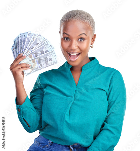 Woman, portrait and wow with money fan for winning bonus for achievement, cashback or finance loan. Black person, face and cash or isolated transparent png background with profit, excited or lottery