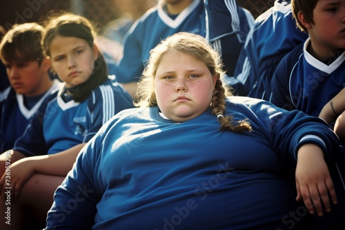 An obese girl, 10 years old, of Caucasian ethnicity, sitting on the sidelines during a soccer game, watching her friends play