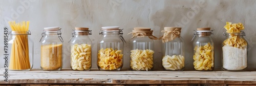 Banner with various pasta in glass jars on a wooden table. white wall Assortment raw paste in a glass jar. Food background. Modern wooden kitchen table background
