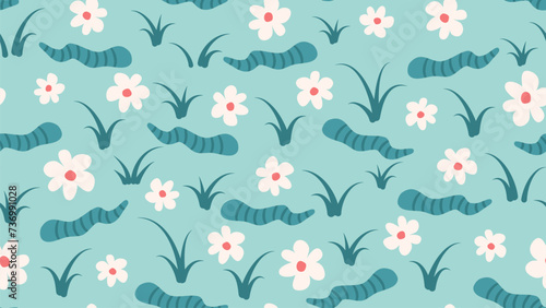 cute hand drawn colorful seamless vector pattern illustration with worms, daisy flowers and grass on turquoise background