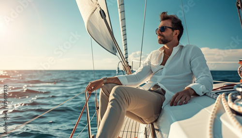 View on professional sailor or captain of sailboat or yacht, sits on deck and maneuvres boat into turn on warm sunny day in bay, on luxurious vessel during vacation or summer holiday lifestyle
