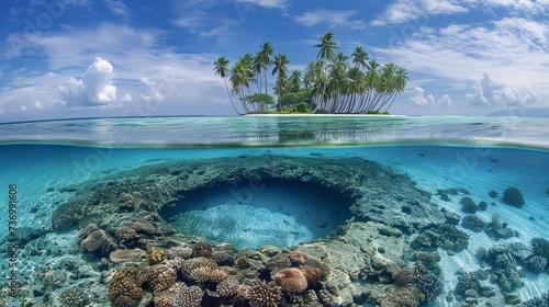 The reef ring, lagoon, and motu on Makemo Atoll, Tuamotus Archipelago, French Polynesia, France, South Pacific were covered in palm trees.