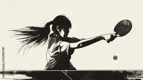 Isolated vector silhouette of a woman playing table tennis and ping pong, front view in ink drawing