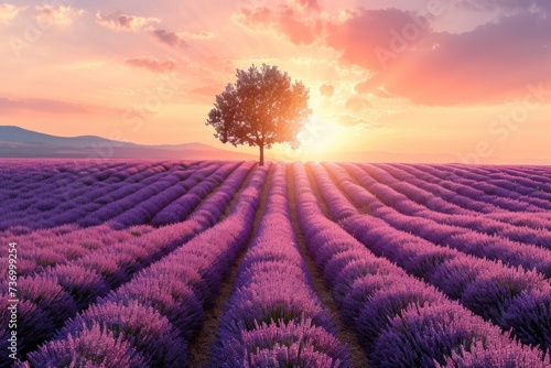 sun setting or rising over a lavendar field with a single tree