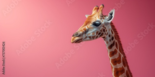 Wild, cute giraffe with long neck and spotted coat looking on camera,isolated on pink background