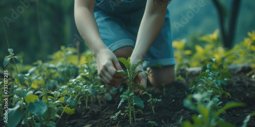 Woman is shown kneeling down in field of plants. This image can be used to depict gardening, agriculture, nature, or relaxation