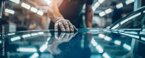 Skilled auto mechanic applying protective film on a cars surface in workshop. Concept Auto Maintenance, Protective Film Application, Car Workshop, Skilled Mechanic, Automotive Surface Protection