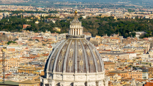 Closeup of the dome of the Papal Basilica of Saint Peter in the Vatican located in Rome, Italy. It's the most important and largest church in the world and residence of the Pope.