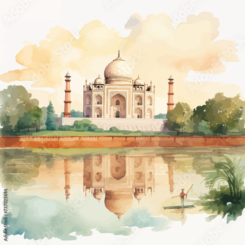 Taj Mahal landscape watercolor. Vector illustration design.