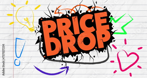 Image of price drop text in orange with icons on ruled paper