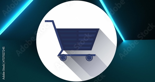 Image of online shopping trolley icon on blue glowing background