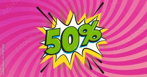 Image of 50 percent retro speech bubble on spinning pink stripes in background