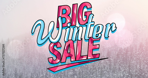 Image of big winter sale text in red and blue letters over winter landscape background