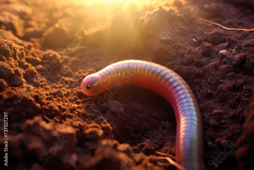 A close-up of a solitary earthworm, burrowing through the rich soil, with the morning sunlight highlighting the subtle iridescence of its skin.