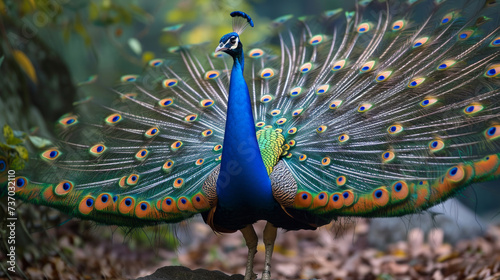 Peacock with fanned tail. The Indian or blue peafowl dance display. Male peacock dancing gracefully and colorful.