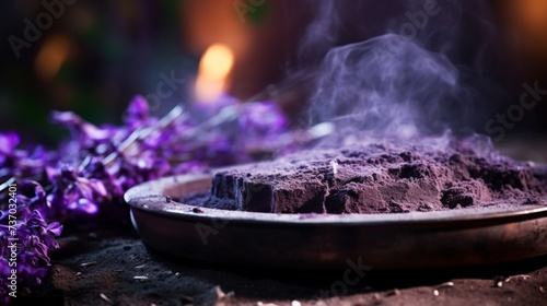 Purple ashes in a ceremonial dish, symbolic for Ash Wednesday.