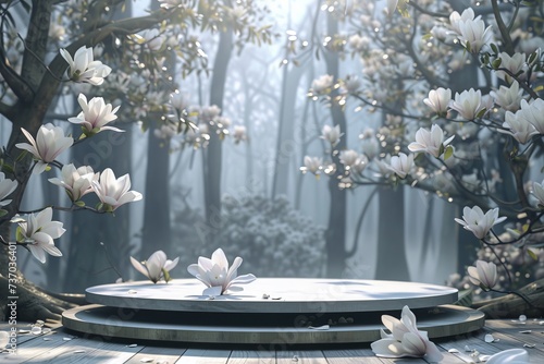In the midst of a dense, foggy forest, magnolia branches laden with blossoms reach out over an ancient stone dais bathed in rays of light filtering through the trees