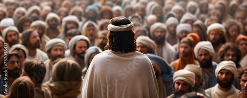 Jesus delivering a powerful sermon to a captivated multitude in stunning digital form. Concept Powerful Sermon, Jesus, Captivated Multitude, Stunning Digital, Religious Art