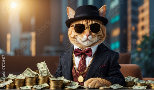 Cool rich gangster boss cat hipster with sunglasses, hat, headphones, gold chain and money dollars. Business, finance, creative idea. Crypto investor cat is holding a lot of money. Winning, concept