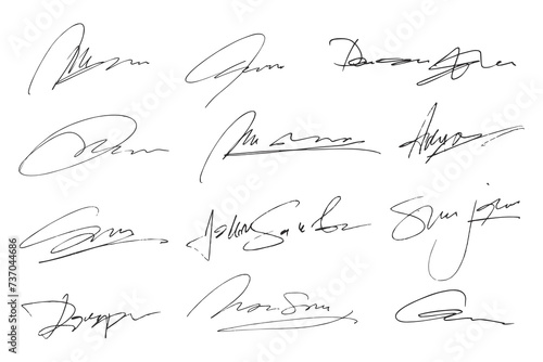 Signatures set. Fictitious handwritten signatures for signing documents on white background
