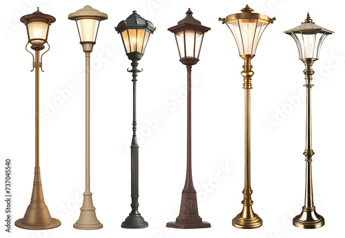 Set of various classic European style street lamppost isolated on transparent background. Generative AI