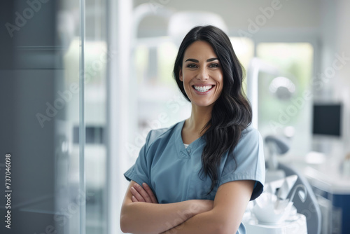 Beautiful and confident Caucasian female dentist with a friendly smile standing inside a blurry modern clinic