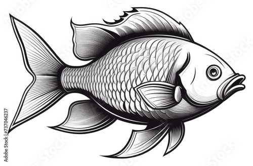 Black and white detailed fish engraving illustration isolated on white background