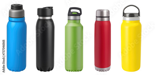 Set of various modern vacuum insulated thermos water bottles isolated on transparent background. Generative AI