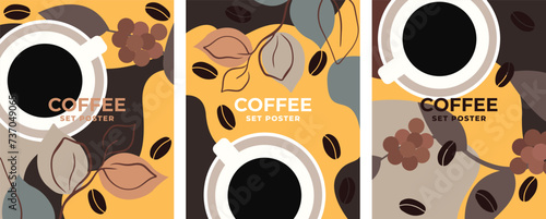 Vector drawing tree coffee beans stains in coffee tones. Set of coffee design drawings. Banner poster flyer card template coffee theme. Vector file design elements.