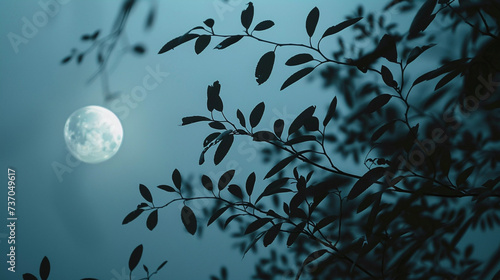 moon and tree, an image of a full moon and leaves, in the style of minimalistic landscapes, uhd image, naturalist aesthetic, light black and sky-blue, mediterranean landscapes,