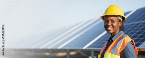 Solar power concept with African lady wearing safety helmet and vest. Solar panel installation banner background.
