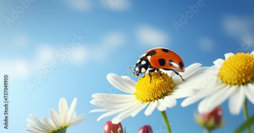lady bug sitting on a daisy in blue background