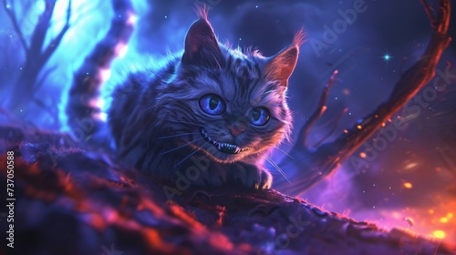 A dramatically lit backdrop showcasing an elusive Cheshire cat its mysterious form illuminated by the breathtaking colors of a distant galaxy