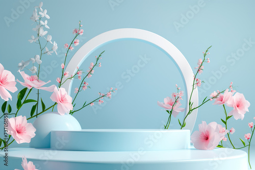 3d render, abstract minimal scene with geometrical forms, podiums, palm leaves, flowers on a blue background.