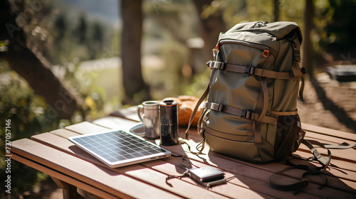 Travel concept, Hiking backpack on the table, phone. Portable solar energy. Generative AI