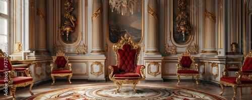 Regal opulence: An exquisite throne room befitting royals. Concept Luxurious interior design, Ornate decorations, Lavish furnishings, Grand chandeliers, Majestic throne