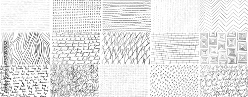 Hand-drawn pencil line crosshatch textures. Vector scribbles, horizontal and wavy strokes. Different types of hatching. Vector illustration