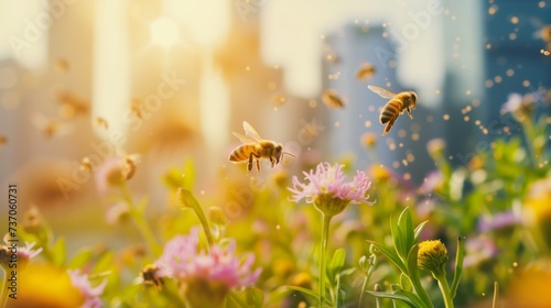 Urban garden buzzing with activity as bees pollinate flowers amidst the city , the growing trend of beekeeping in urban environments