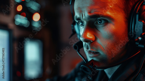 Combat vehicle operator with a headset, intensely monitoring the mission under red tactical light.