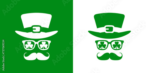 Día de San Patricio. Logo con silueta de sombrero de leprechaun con gafas de sol con treboles y bigote para felicitaciones y tarjetas